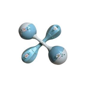 Set of 2 Plakie dumbbell white/blue molded celluloid baby rattles. Painted flowe
